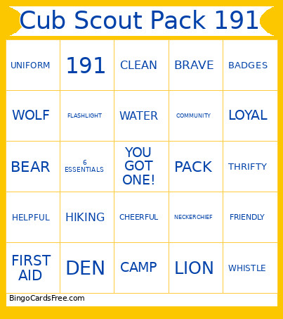Cub Scout Pack 191 Bingo Card