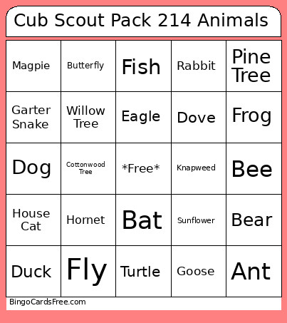 Cub Scout Pack 214 Animals Bingo Card