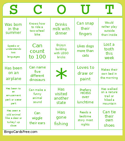 Cub Scout Pack Meeting Bingo Card