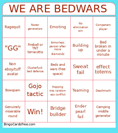 Cubecraft Bedwars Bingo Card