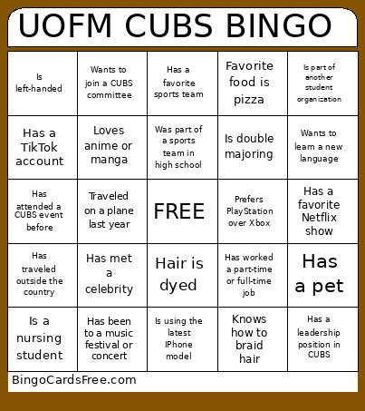 CUBS HUMAN Bingo Card