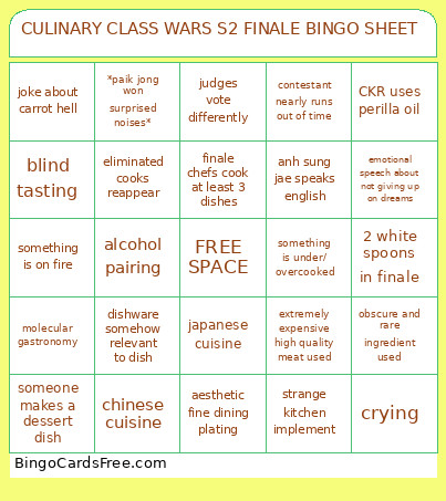 CULINARY CLASS WARS S2 FINALE SHEET Bingo Card
