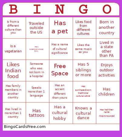 Cultural Bingo Card
