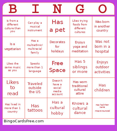 Cultural Bingo Card