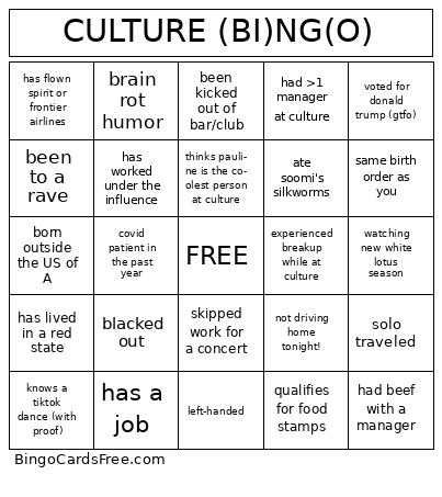 CULTURE BINGO Cards Free Pdf Printable Game, Title: CULTURE (BI)NG(O)