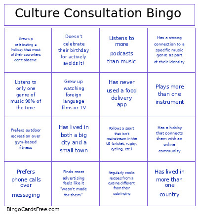 Culture Consultation Bingo Card