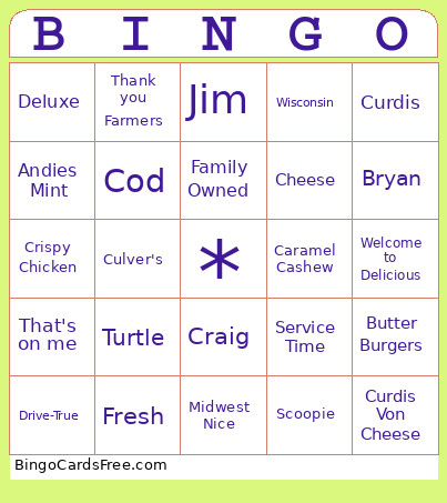 Culver's Bingo Card