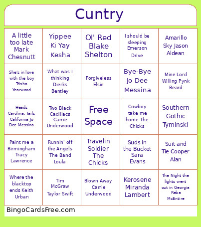 Cuntry Bingo Card