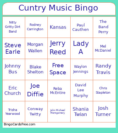 Cuntry Music Bingo Card