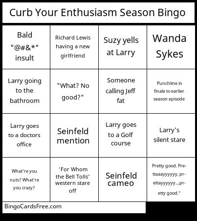 Curbur Bingo Cards Free Pdf Printable Game, Title: Curb Your Enthusiasm Season Bingo