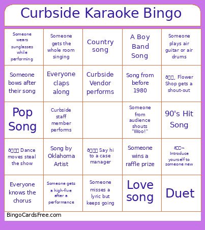 Curbside Karaoke Bingo Card