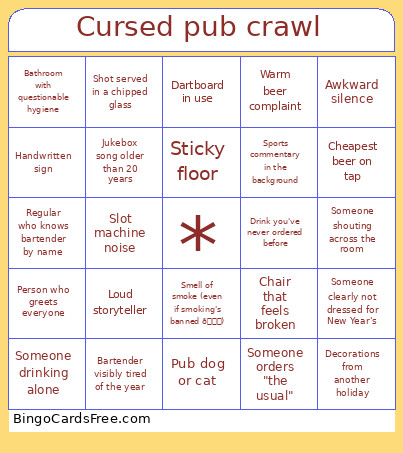 Cursed Pub Crawl Bingo Card