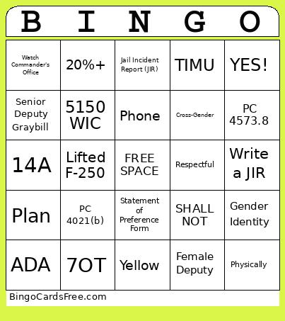 Custody Bingo Card