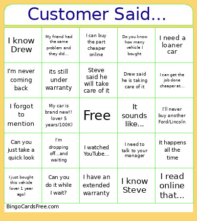 Customer Said... Bingo Card