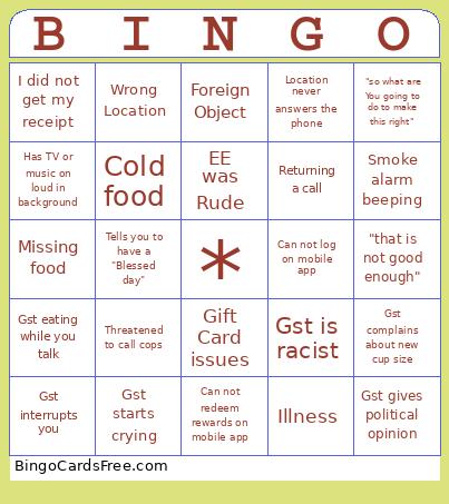 Customer Service Bingo Card