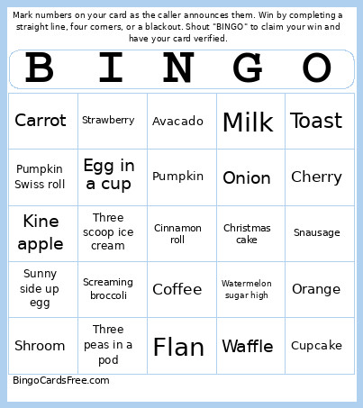 Cute Food Bingo Card