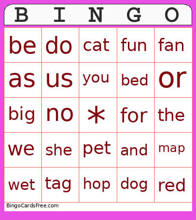 CVC And Heart Words Bingo Card