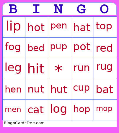 CVC Words Bingo Card
