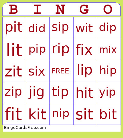 CVC Words With I Bingo Card