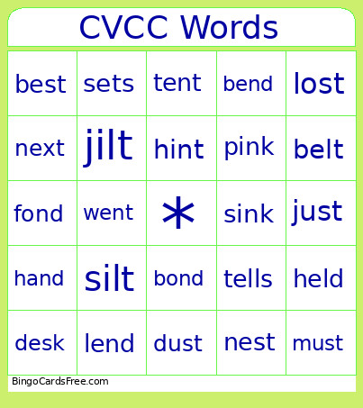 CVCC Words Bingo Card