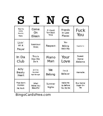 CVMA Karaoke Singalongs Bingo Card