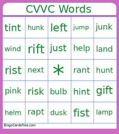 CVVC Words Bingo Card