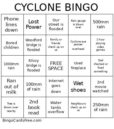 Cyclone Alfred Bingo Game Cards Free Pdf Printable Game, Title: CYCLONE BINGO