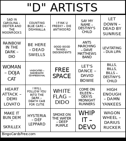 D ARTISTS Bingo Card