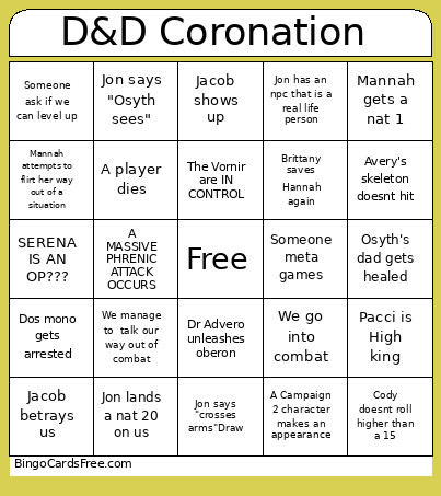 D&D Coronation Bingo Card