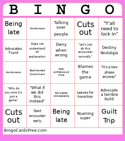 D-Low Bingo Card