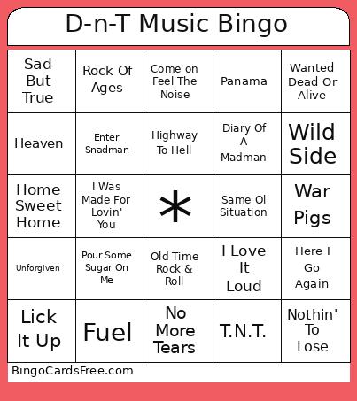 D-n-T Music Bingo Card