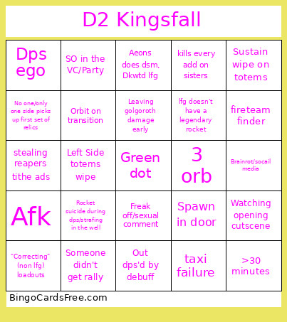 D2 Kingsfall Bingo Card