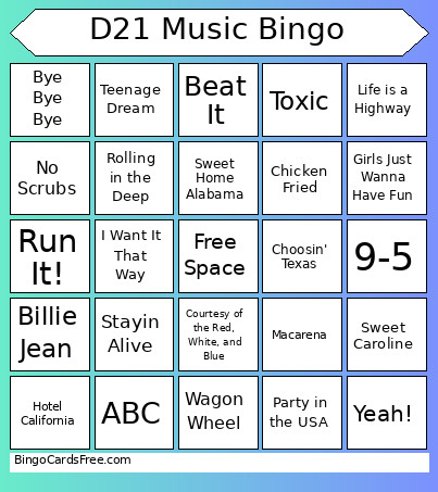 D21 Music Bingo Card