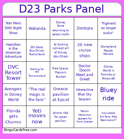 D23 Parks Panel Bingo Card