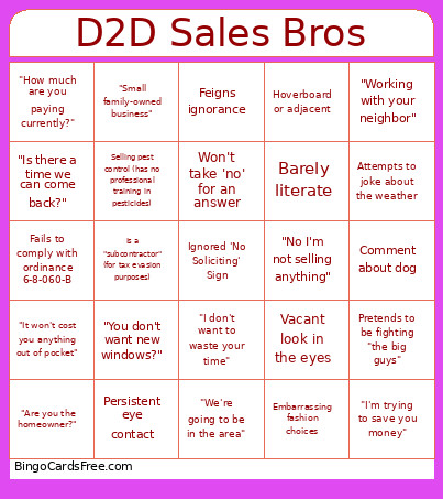 D2D Sales Bros Bingo Card