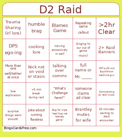D2raid Group Bingo Card