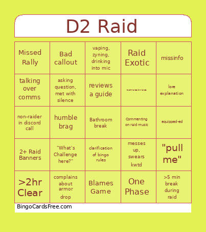 D2raid Group Bingo Card