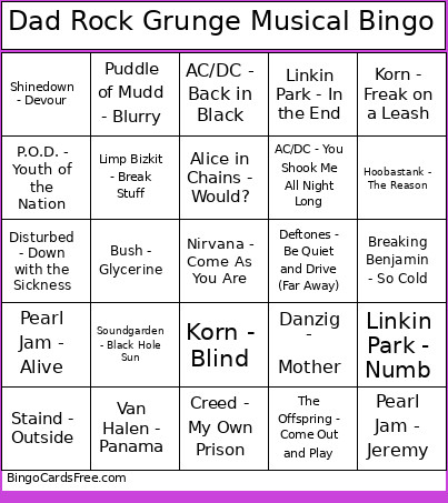 Dad Rock Grunge Musical Bingo Card