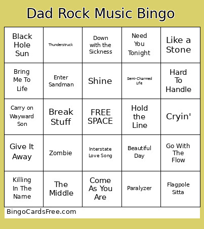 Dad Rock Music Bingo Card