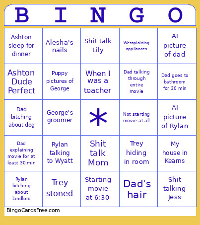 Dad’s House Bingo Card