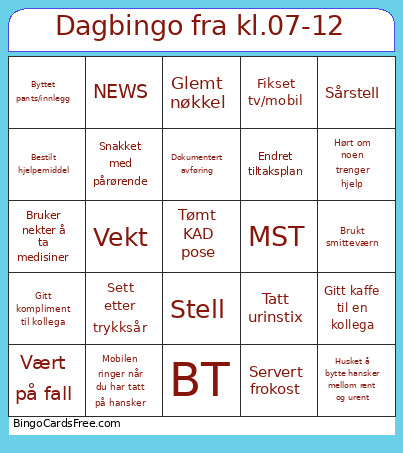 Dag Fra Kl.07-12 Bingo Card