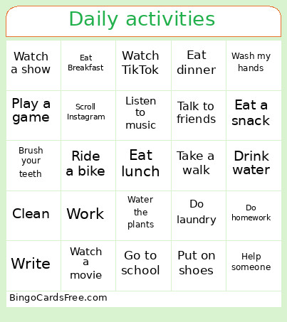 Daily Activities Bingo Card