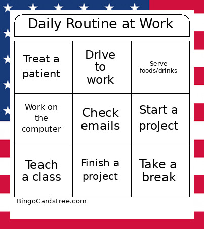 Daily Routine At Work Bingo Card
