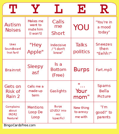 Daily Tyler Checkbox Bingo Card