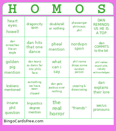 Dan And Phil Bingo Card
