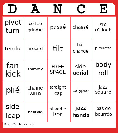 Dance Bingo Card