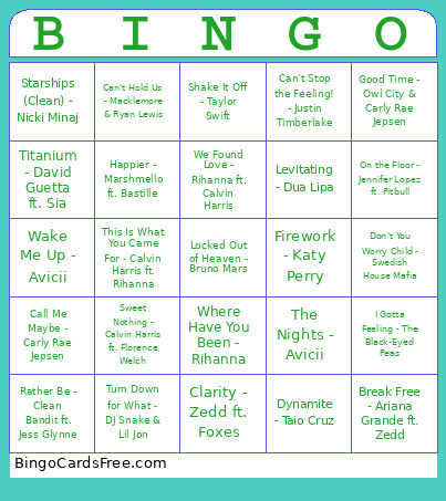 Dance Floor Hits Bingo Card