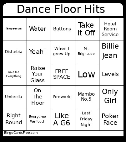 Dance Floor Hits Bingo Card
