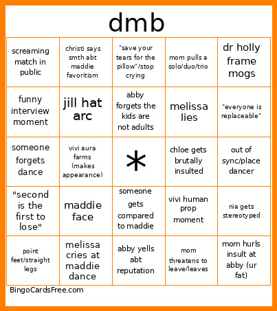 Dance Moms Bingo Card
