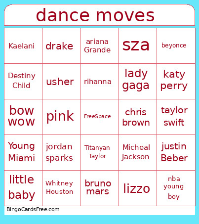 Dance Moves Bingo Card